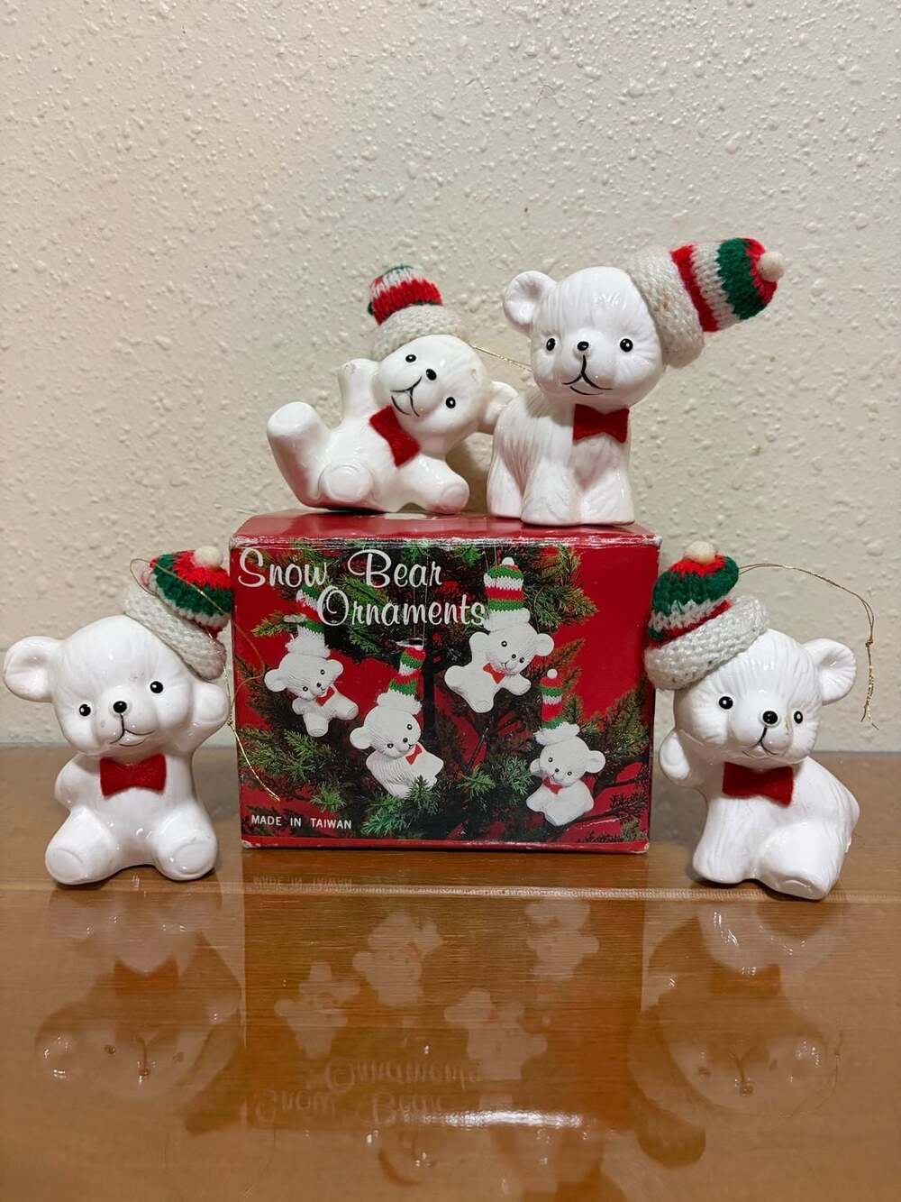 Vintage Set of 4 Porcelain Snow Bear Christmas Ornaments with Knit Hats and Box